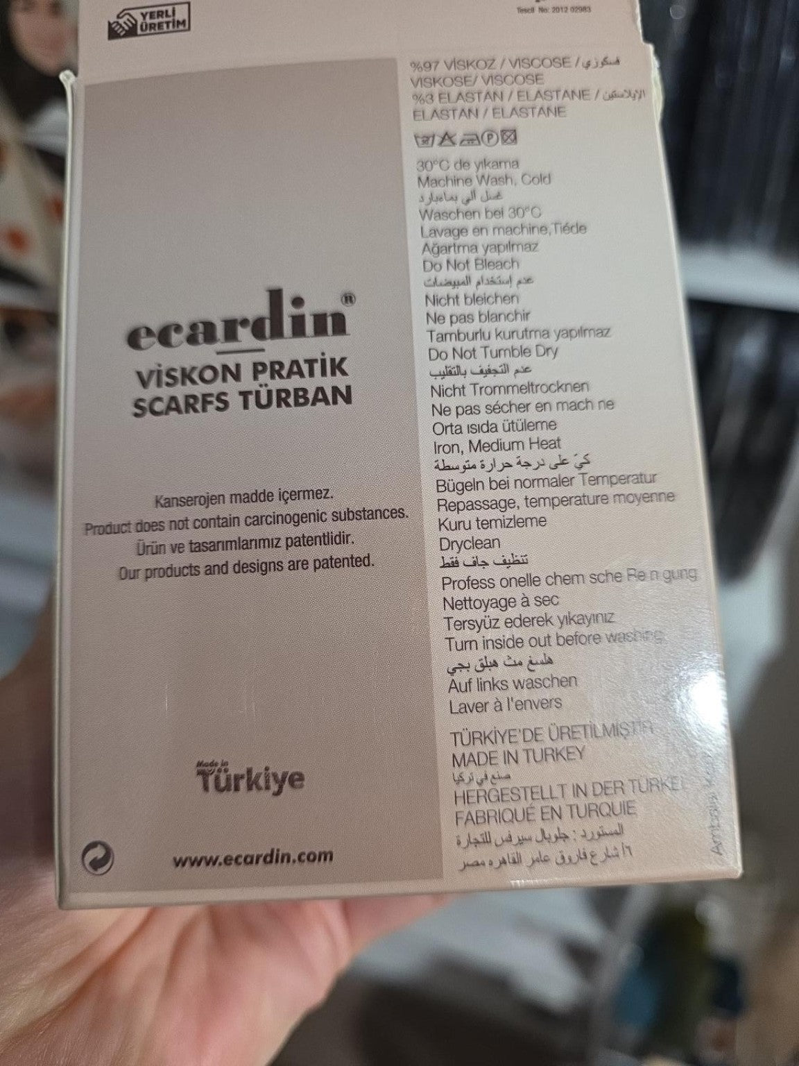 Ecardin ST101 composition 97% viscose 3% elastane and care instructions